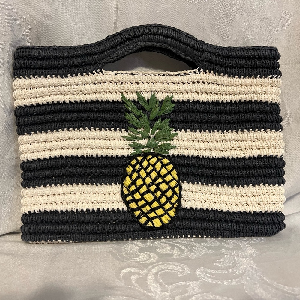 Talbots woven straw handbag in navy & white stripes and a pineapple on the front